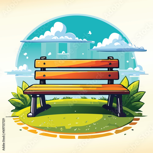 A wooden bench in a beautiful green park on a sunny day. A peaceful and relaxing vector illustration for concepts of nature, leisure, and summer. Generative AI