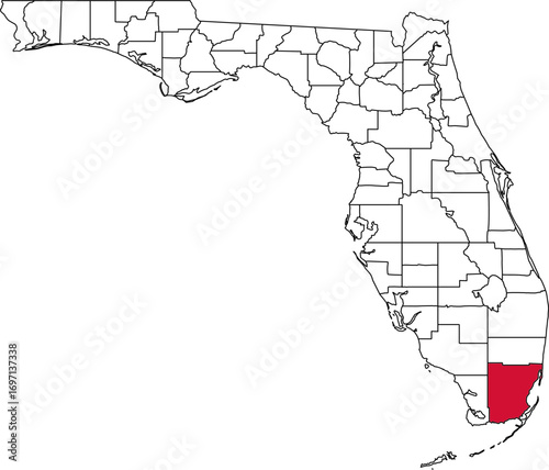 A vector map of Florida highlighting Miami-Dade County. Ideal for geographical studies, regional reports, and data visualization projects.

