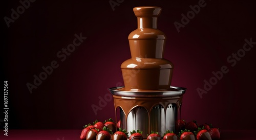 A chocolate fountain with strawberries, solid deep burgundy background