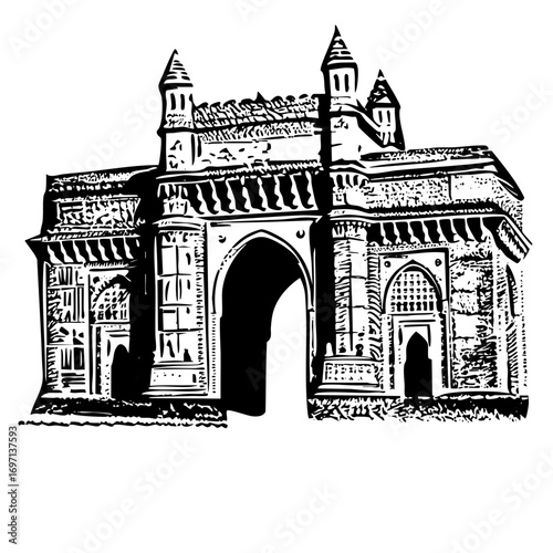Vector Detailed of an ornate gateway with towers.