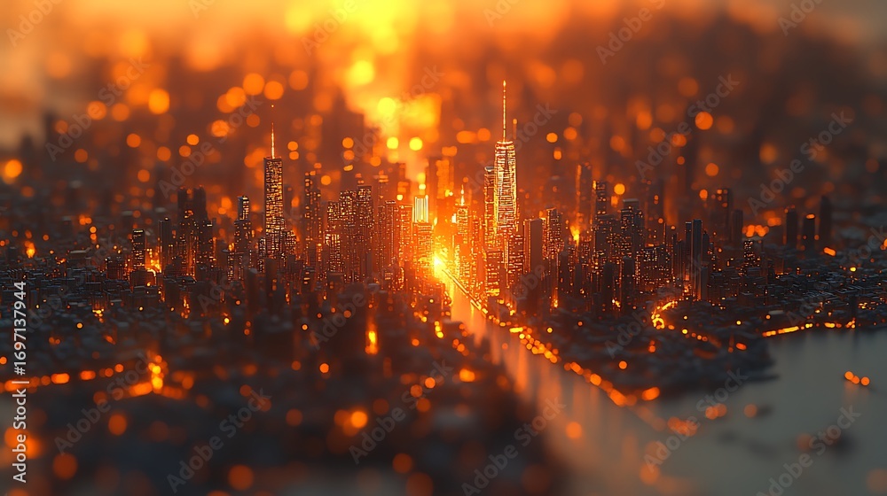 Fototapeta premium Fiery cityscape in a vibrant sunset with abstract rendering of a metropolis.