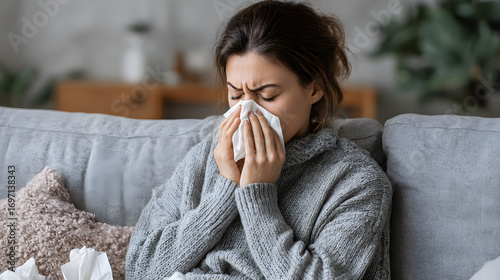 Woman feeling unwell at home with allergy symptoms wile sitting on couch surronded by tissues