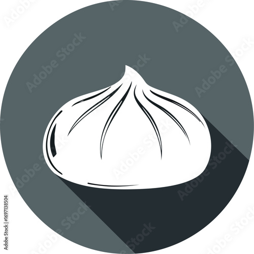 Minimalist black and white vector illustration of a traditional steamed dumpling, isolated on gray circle background, perfect for Asian food design and packaging. Generative AI