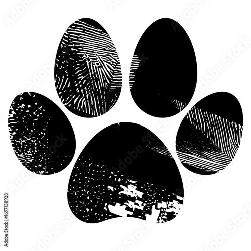 Vector Detailed black paw print with textured pads.