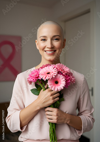 Bald woman holding a bouquet of flowers, campaign against breast cancer