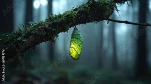 Enchanted forest: a luminous cocoon hangs suspended from a mossy branch