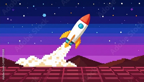 Retro Pixel Rocket Launching to Space, Imagination and Dreams Concept
