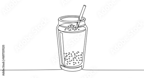 Line style illustration of a glass jar with a straw and seeds  