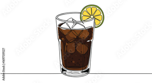 Glass of iced cola with lemon slice on transparent background  