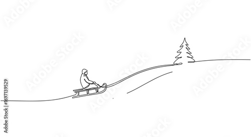 Person sledding down a hill with a tree in winter landscape, line style, transparent background  