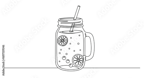 Transparent line style illustration of mason jar with lemonade  