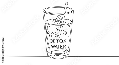 Glass of detox water with lemon and mint in line style, transparent background  