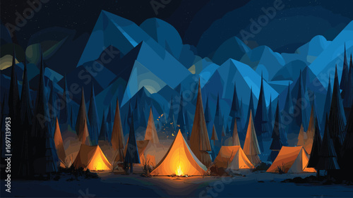 Cozy mountain campsite with glowing tents among pine trees under starry night sky