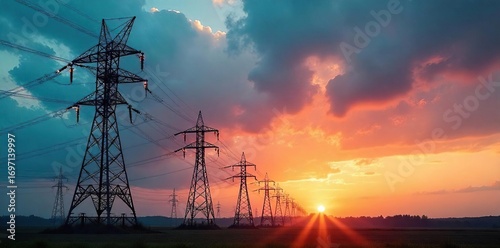 High-voltage power plant antenna array against a dramatic sky  Industrial energy infrastructure, communication, and technology  Vast scale, modern energy production , clouds, construction