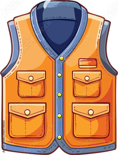 An orange and blue utility or work vest with multiple pockets. An isolated vector illustration of functional apparel for construction or outdoor activities. Generative AI
