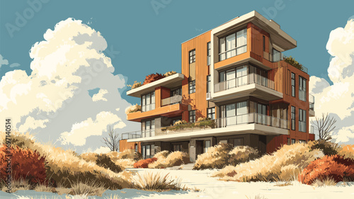 Modern coastal house with tiered balconies and sandy landscape under bright blue sky