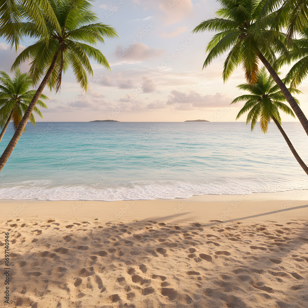 Obraz premium Tropical beach with palm trees and a turquoise ocean