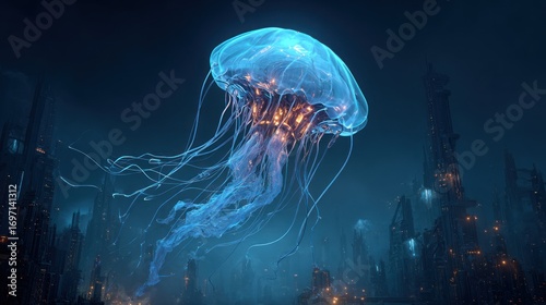 Surreal underwater cityscape with a glowing jellyfish floating above futuristic buildings