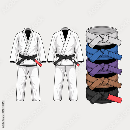 A detailed vector illustration set of Brazilian jiu jitsu equipment including the gi uniform and colored ranking belts for martial arts