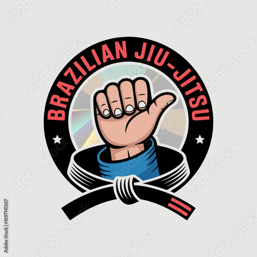 A dynamic vector illustration for martial arts enthusiasts, showcasing a powerful jiu jitsu hand gesture and a black belt, symbolizing skill and discipline in combat sports