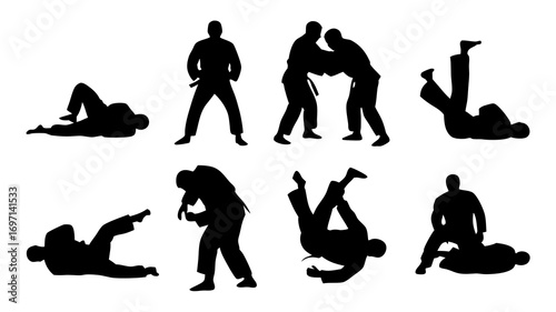 Dynamic vector illustrations showcasing various jiu jitsu and judo grappling techniques and combat stances, perfect for martial arts training and athletic design projects