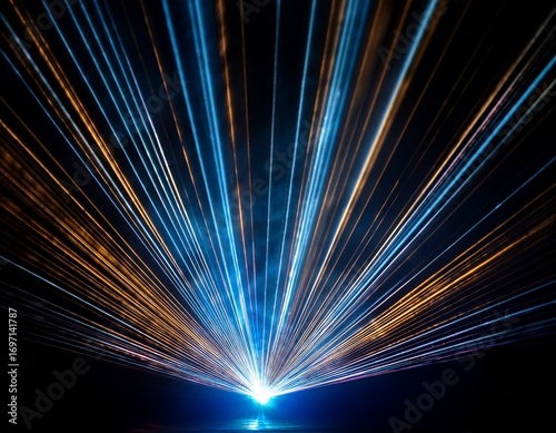 stage lights beams of light from the spotlights on the stage light display laser show isolated on a black background with projector illumination