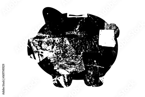 Vector Distressed piggy bank with a label.