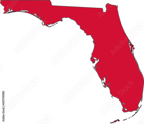 A striking, blank vector map of Florida, rendered entirely in red. Excellent for highlighting key data, creating alerts, or adding a bold, attention-grabbing element to any design.


