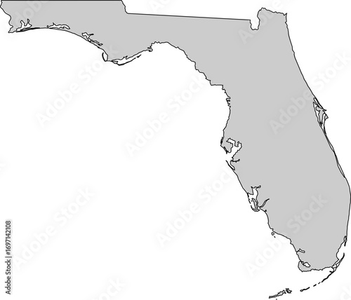 A clean vector map of the Florida state outline in grey. Ideal for minimalistic design, logos, presentations, or as a base for custom data and graphics.

