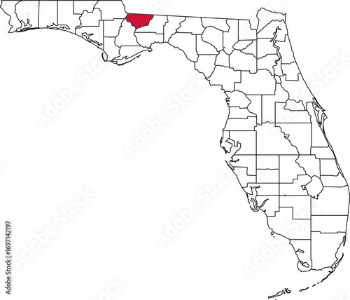 A vector map of Florida highlighting Gadsden County. Ideal for geographical studies, regional reports, and data visualization projects.

