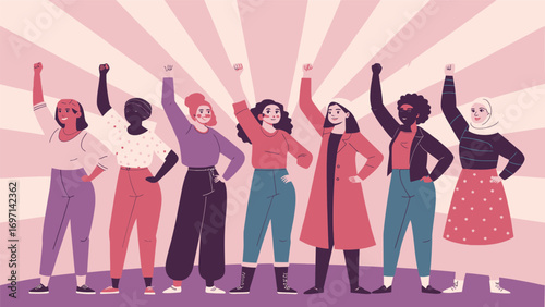 Vector art of group of women with raised fists symbolizing strength and unity