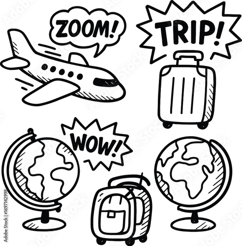 Vector art of doodle illustration of travel icons