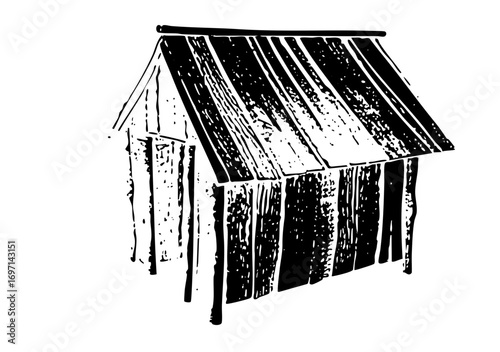Vector Rustic wooden outhouse with angled roof.