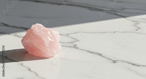 Rose quartz crystal placed on white marble surface, minimalist decor