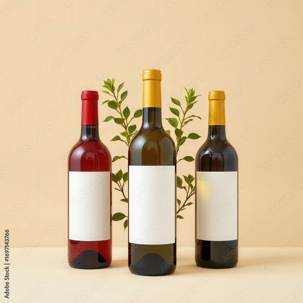 Obraz premium Elegant Arrangement of Three Wine Bottles with Blank Labels