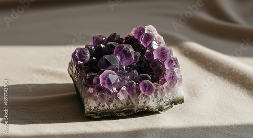  Amethyst crystal cluster on neutral fabric background with soft natural light