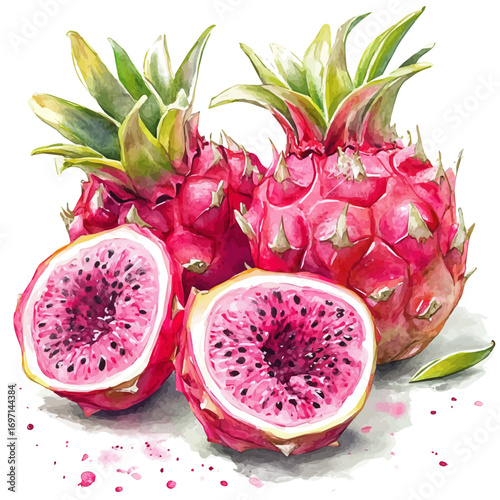 Dragon Fruit, watercolor clipart vector, isolated on a white background.