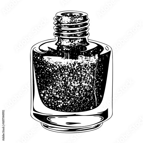 Vector Sparkling cosmetic bottle with black liquid