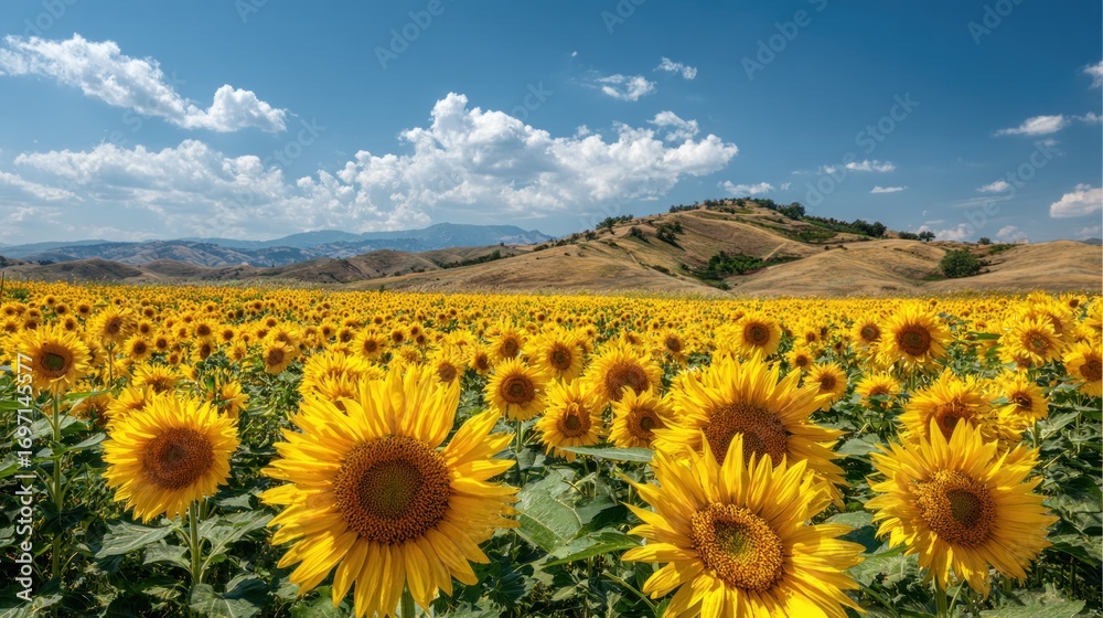 Obraz premium Scenic Sunflower Field Under Blue Sky with Clouds and Rolling Hills in Background