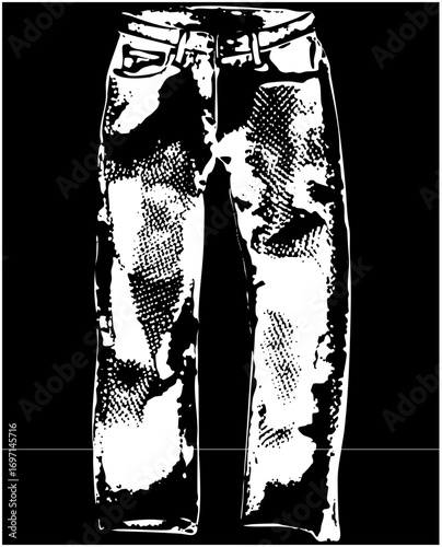 Vector Distressed denim jeans with rips and folds.