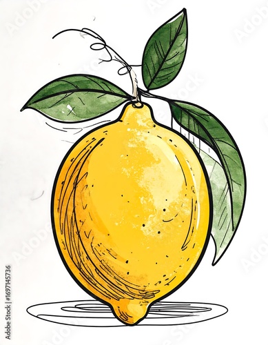 Hand-drawn illustration of a single lemon with leaves