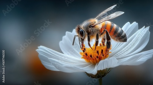 Bee on white flower collecting pollen in natural setting close up.