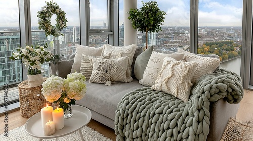 Cozy sofa with pillows and blanket in a modern apartment overlooking city.