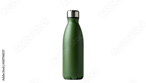 Green Insulated Water Bottle Standing, Isolated on White Background