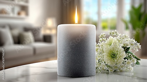Lit candle with flowers on a table in a bright living room.