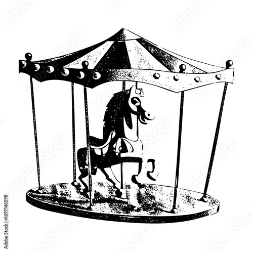 Vector Vintage carousel horse under a striped canopy .