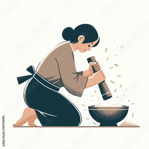 Mother is pounding rice in the barn with a simple and minimalist flat design using a white background