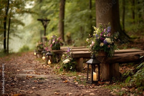 Forest Wedding Ceremony Rustic benches  floral arrangements with fall setting.