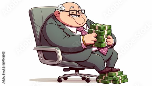 A cartoon-style illustration depicts a cheerful, overweight businessman luxuriating in piles of