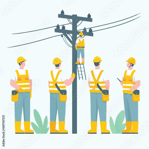An electrician wearing a yellow helmet and safety vest stands next to an electric pole with a simple and minimalist flat design using a white background.